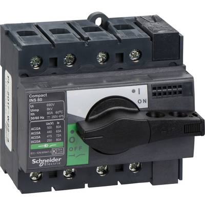 Wyłącznik elektryczny Schneider Electric, model INS 80. Przełącznik w pozycji 'Wyłączony'. Obudowa wykonana z czarnego tworzywa sztucznego.
