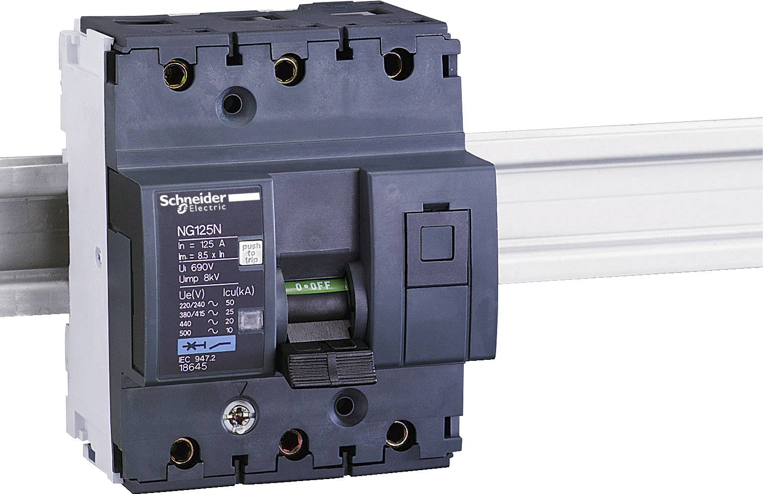 Wyłącznik nadprądowy firmy Schneider Electric na szynie DIN, numer modelu 'NG125N', przeznaczony do systemów ochrony elektrycznej.