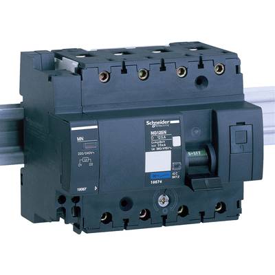 Czarny wyłącznik nadprądowy firmy Schneider Electric zamontowany na szynie DIN, przeznaczony do 230/240V, 32A.