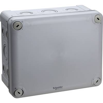 Szara puszka rozdzielcza z tworzywa sztucznego firmy Schneider Electric z wyjmowanymi wejściami bocznymi. Przeznaczona głównie do instalacji elektrycznych.