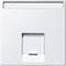 Białe gniazdo sieciowe z pojedynczym otworem przyłączeniowym pośrodku, przeznaczone do podłączenia złącza RJ45.