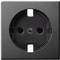 Czarna wtyczka marki Merten, typ europejski F, z dwoma okrągłymi otworami i stykiem ochronnym, w kształcie prostokąta.