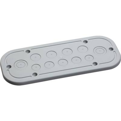 Prostokątna szara uszczelka z wieloma okrągłymi oznaczeniami i otworami do montażu na powierzchni.