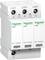 Urządzenie ochrony przepięciowej firmy Schneider Electric z trzema modułami L1/L2/L3, wskazanie 'Czerwony = Wymienić'. Dla bezpieczeństwa elektrycznego.