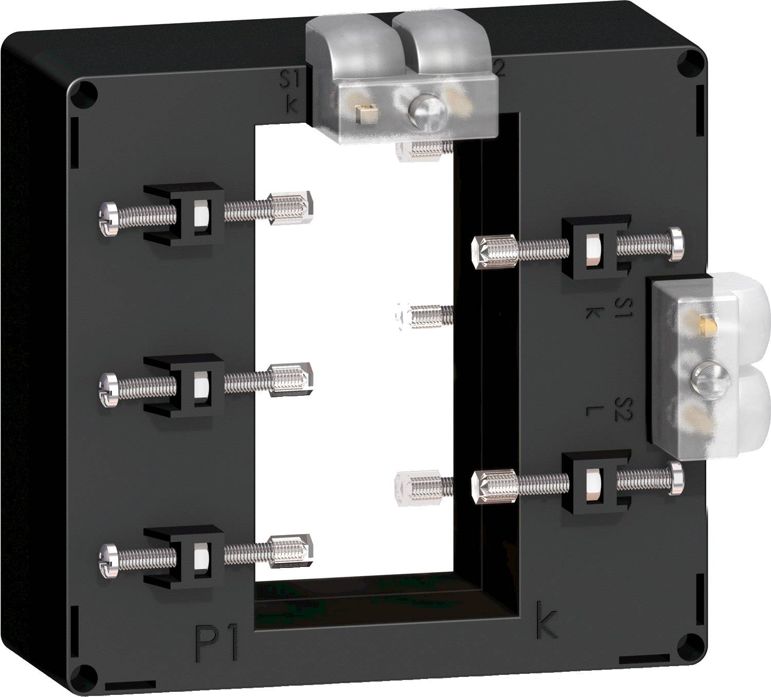 Czarny prostokątny ramka przekładnika prądowego z wieloma metalowymi zamknięciami i dwoma transparentnymi pokrywami z tworzywa sztucznego po bokach.