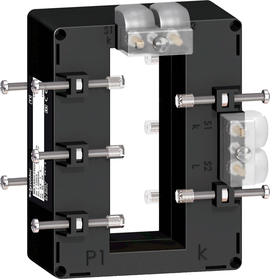 Prostokątny transformator prądowy z wieloma złączami śrubowymi oraz dwoma przezroczystymi zaciskami do zastosowań elektrycznych.
