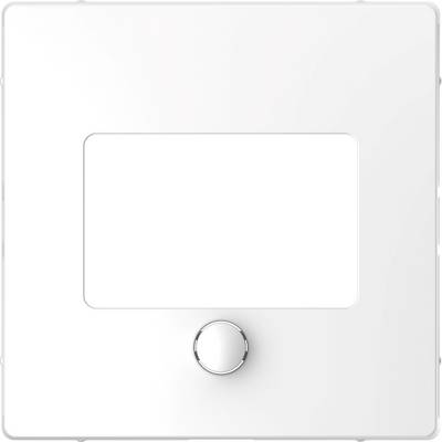 Biały, kwadratowy włącznik światła z okrągłym pokrętłem pośrodku. Minimalistyczny design do nowoczesnych wnętrz.