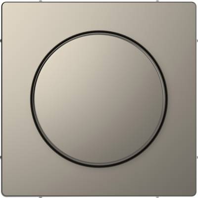 Okrągły, płaski włącznik światła w szczotkowanej ramce metalowej, o minimalistycznym designie.