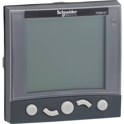Szary cyfrowy ekran urządzenia z logo 'Schneider Electric', model FDM121, o prostokątnym kształcie, dolna część z przyciskami.