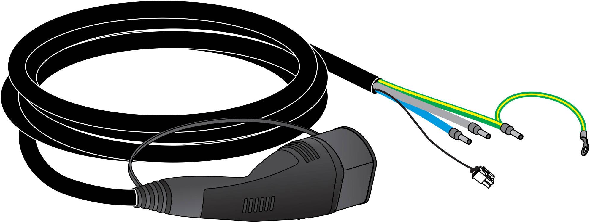 Czarny kabel z dużą wtyczką na jednym końcu i trzema nieosłoniętymi, kolorowymi kablami z zakończeniami na drugim końcu.