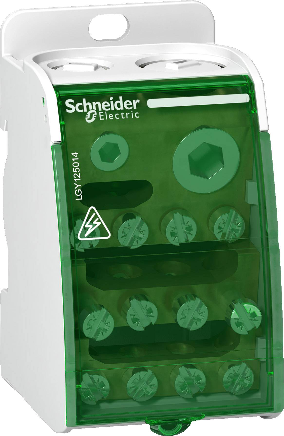 Zielona, przezroczysta obudowa elektrycznej rozdzielni blokowej firmy Schneider Electric, z widocznymi zaciskami i śrubami.