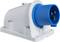 Gniazdo z niebieskim złączem do zastosowań przemysłowych, zamontowane na białej podstawie. Odpowiednie do trudnych warunków środowiskowych.
