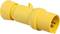 Żółty, trzystykowy, cylindryczny wtyk elektryczny przeznaczony do zastosowań przemysłowych.