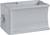 Szary, prostokątny pojemnik z tworzywa sztucznego z mechanizmem przesuwnym z boku. Odpowiedni do przechowywania małych przedmiotów.