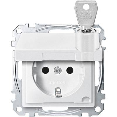Biała wtyczka z mechanizmem zabezpieczającym, zamykana na klucz.