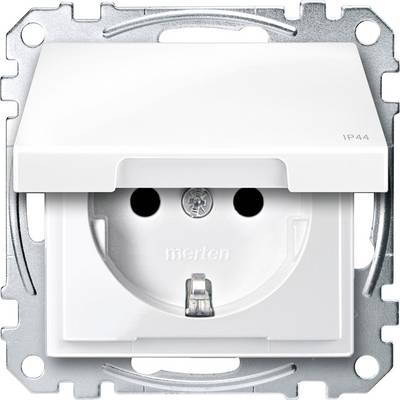 Biała gniazdo elektryczne z uziemieniem, wyposażone w klapkę ochronną, przeznaczone do pomieszczeń wilgotnych, certyfikowane zgodnie z normą IP44, zamontowane na metalowym wsporniku.