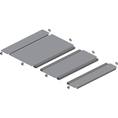 Metalowe płyty i śruby w diagramie instruktażowym przedstawiającym montaż prostokątnych elementów.