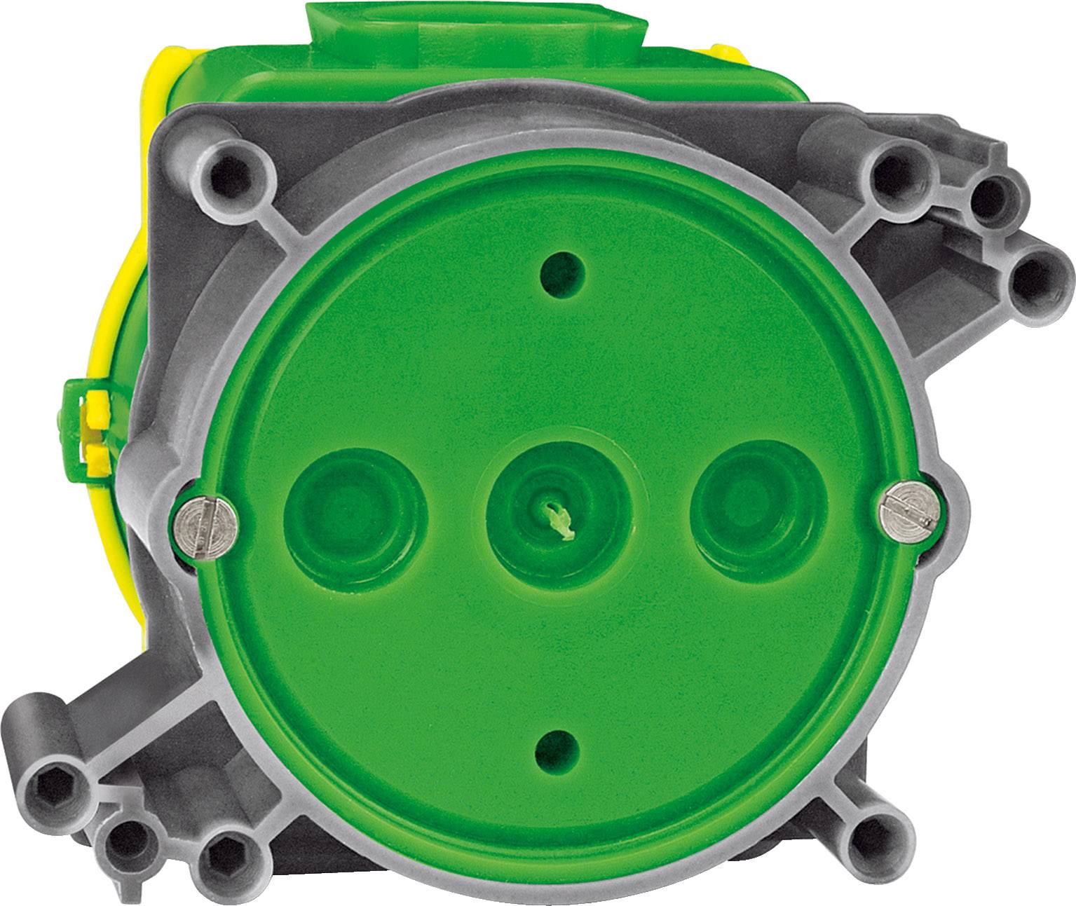 Zielona podtynkowa wtyczka elektryczna z szarą ramką, odpowiednia do montażu ściennego.