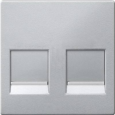 Podwójna ramka przyłączeniowa w kolorze srebrnym, odpowiednia dla dwóch gniazd elektrycznych lub przyłączy sieciowych, z prostokątnymi otworami.