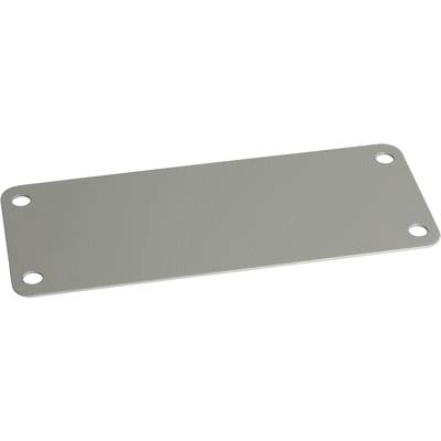 Prostokątna szara metalowa płyta z zaokrąglonymi narożnikami i czterema otworami w rogach.