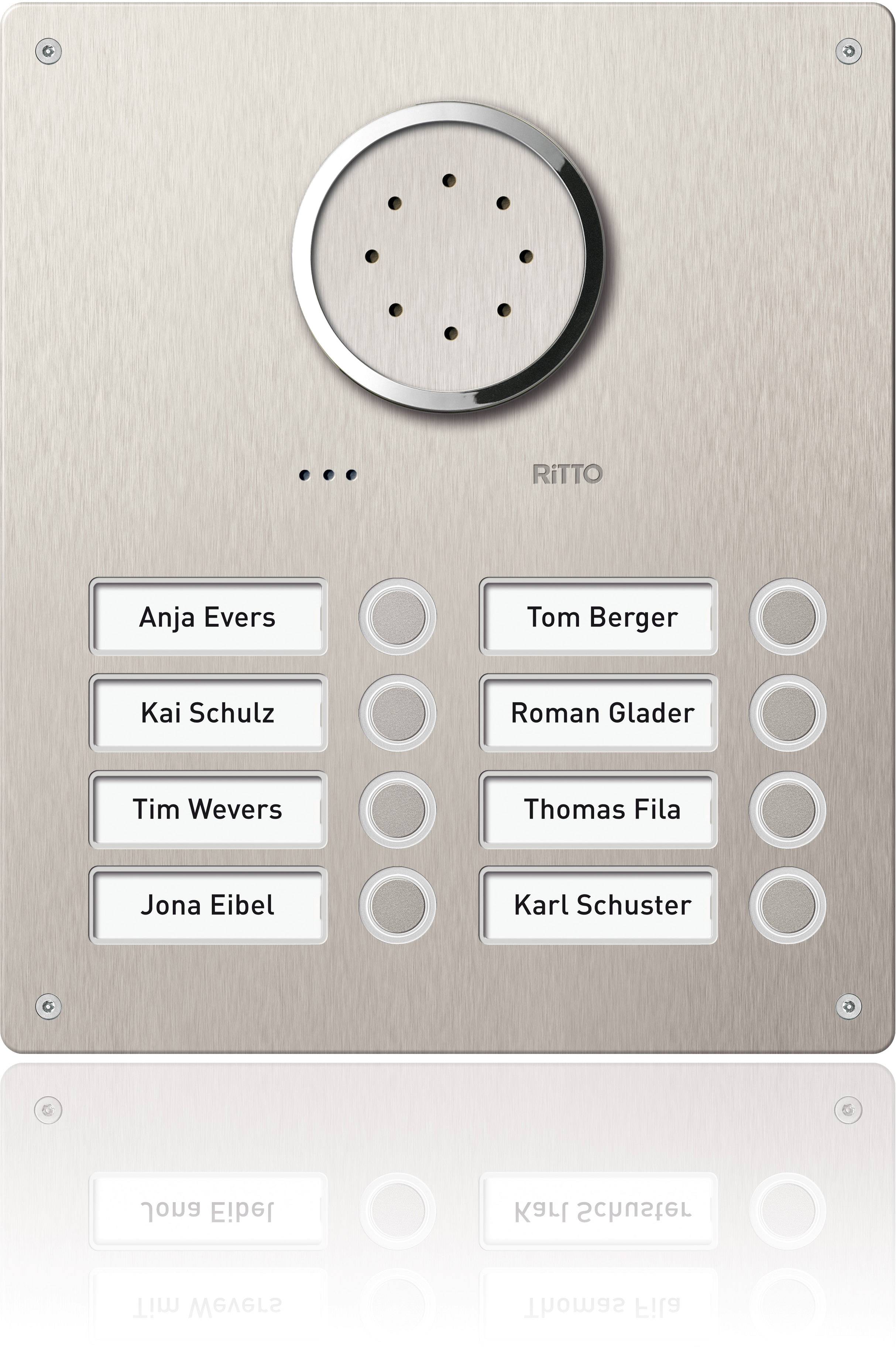 Tablica domofonowa z dziesięcioma tabliczkami z nazwiskami w dwóch kolumnach. Po lewej: 'Anja Evers', 'Kai Schulz', 'Tim Wevers', 'Jona Eibel'. Po prawej: 'Tom Berger', 'Roman Glader', 'Thomas Fila', 'Karl Schuster'.