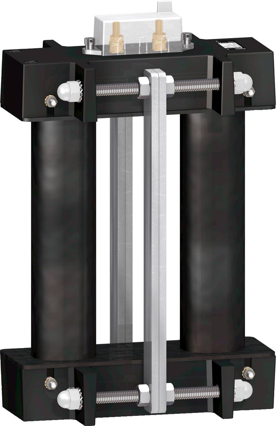 Czarny, solidny stelaż z pionowymi, cylindrycznymi elementami i metalowymi częściami. Na górze widoczne są złącza elektryczne.