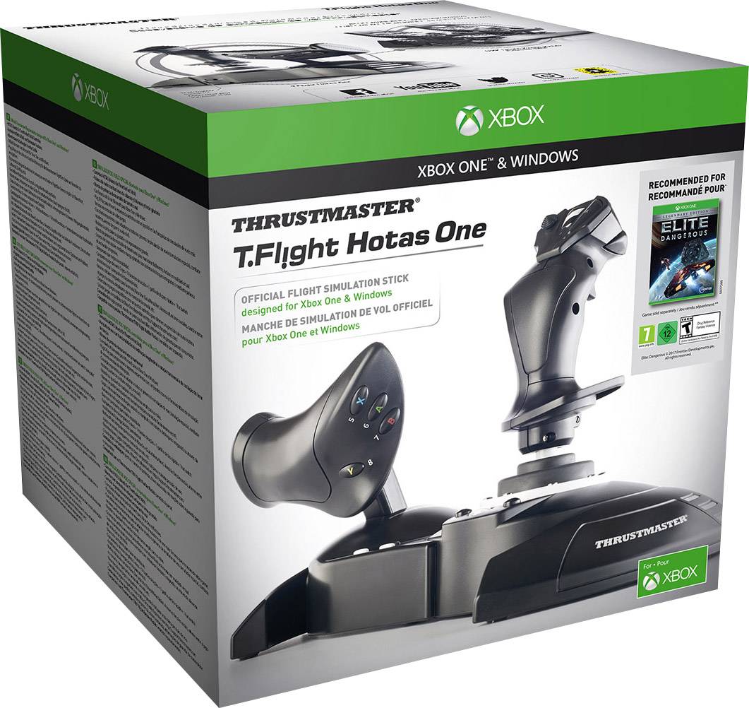 Opakowanie joysticka Thrustmaster T.Flight Hotas One do Xbox i Windows, z obrazem joysticka i szczegółami kompatybilności gier.
