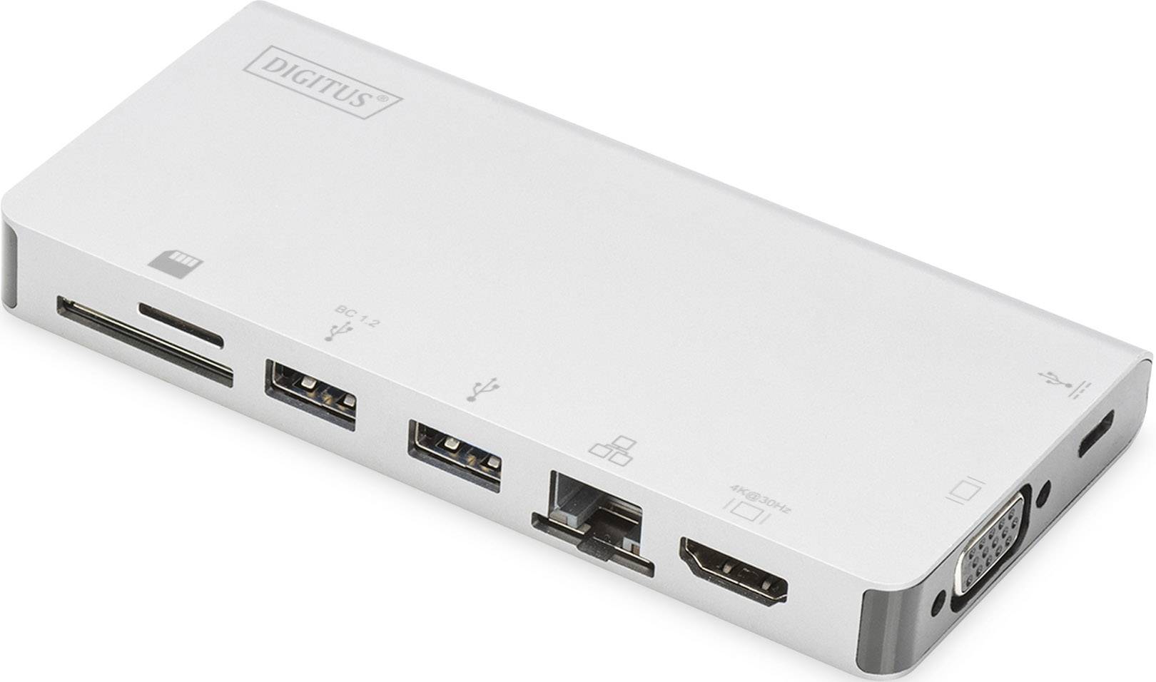 Biały adapter dokujący USB-C z portami: HDMI, VGA, Ethernet, USB oraz czytnikiem kart SD, idealny do laptopów.