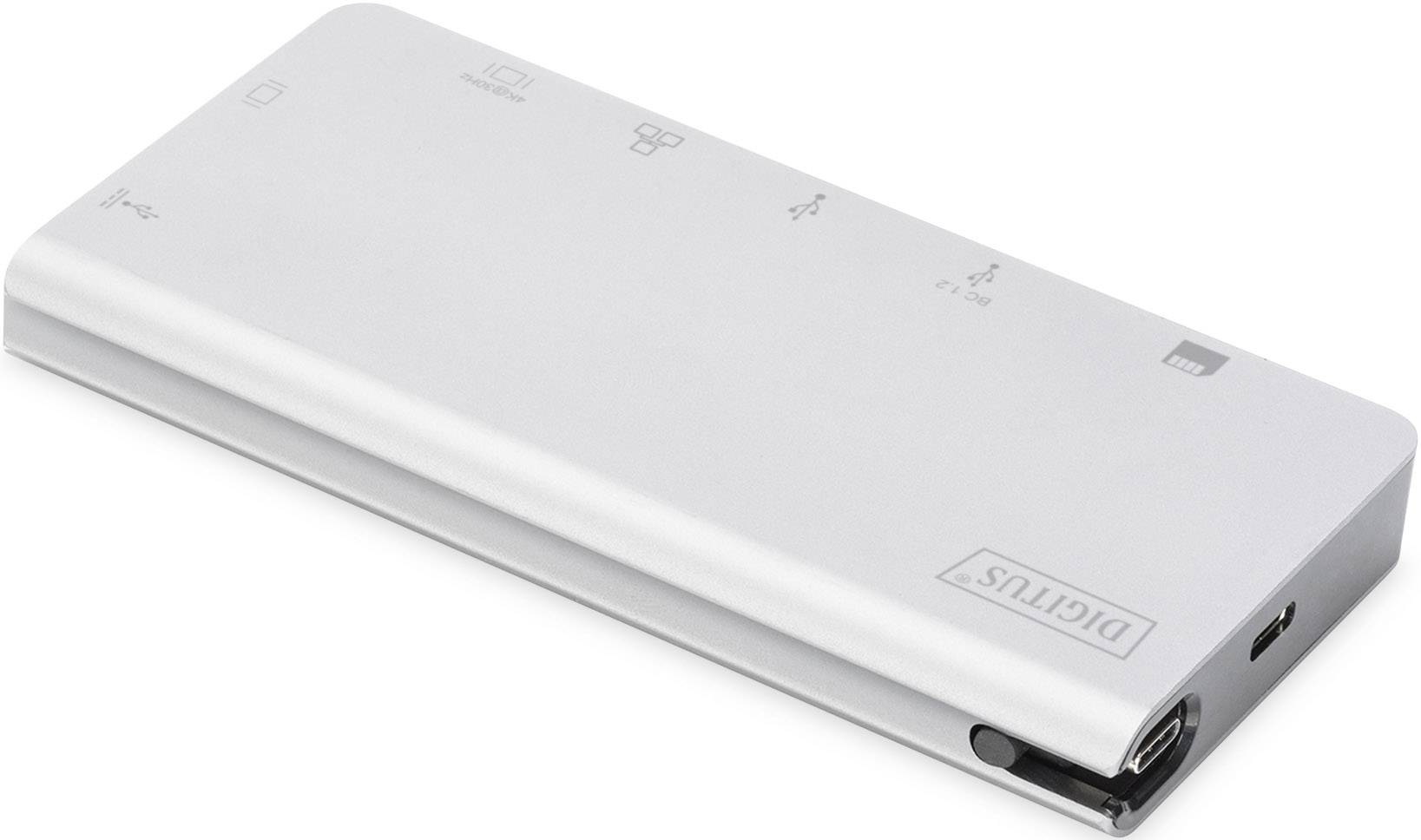 Srebrna stacja dokująca Digitus z portami USB, HDMI i Ethernet, idealna do rozszerzenia łączności laptopa.