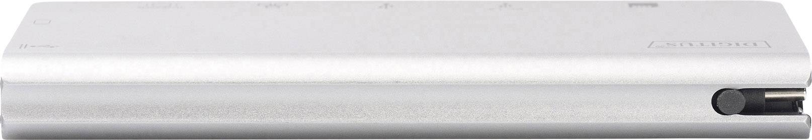 Srebrny dysk zewnętrzny o smukłej sylwetce, widziany z boku, z widocznym złączem po prawej stronie.