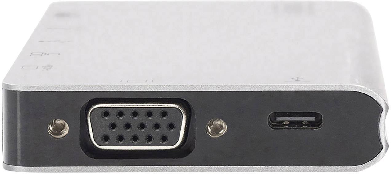 Adapter z wyjściami VGA i USB-C, przeznaczony do podłączania starszych monitorów do nowoczesnych urządzeń.