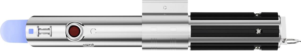 Srebrno-czarny obiekt z niebieskim zakończeniem, przypominający futurystyczne urządzenie.