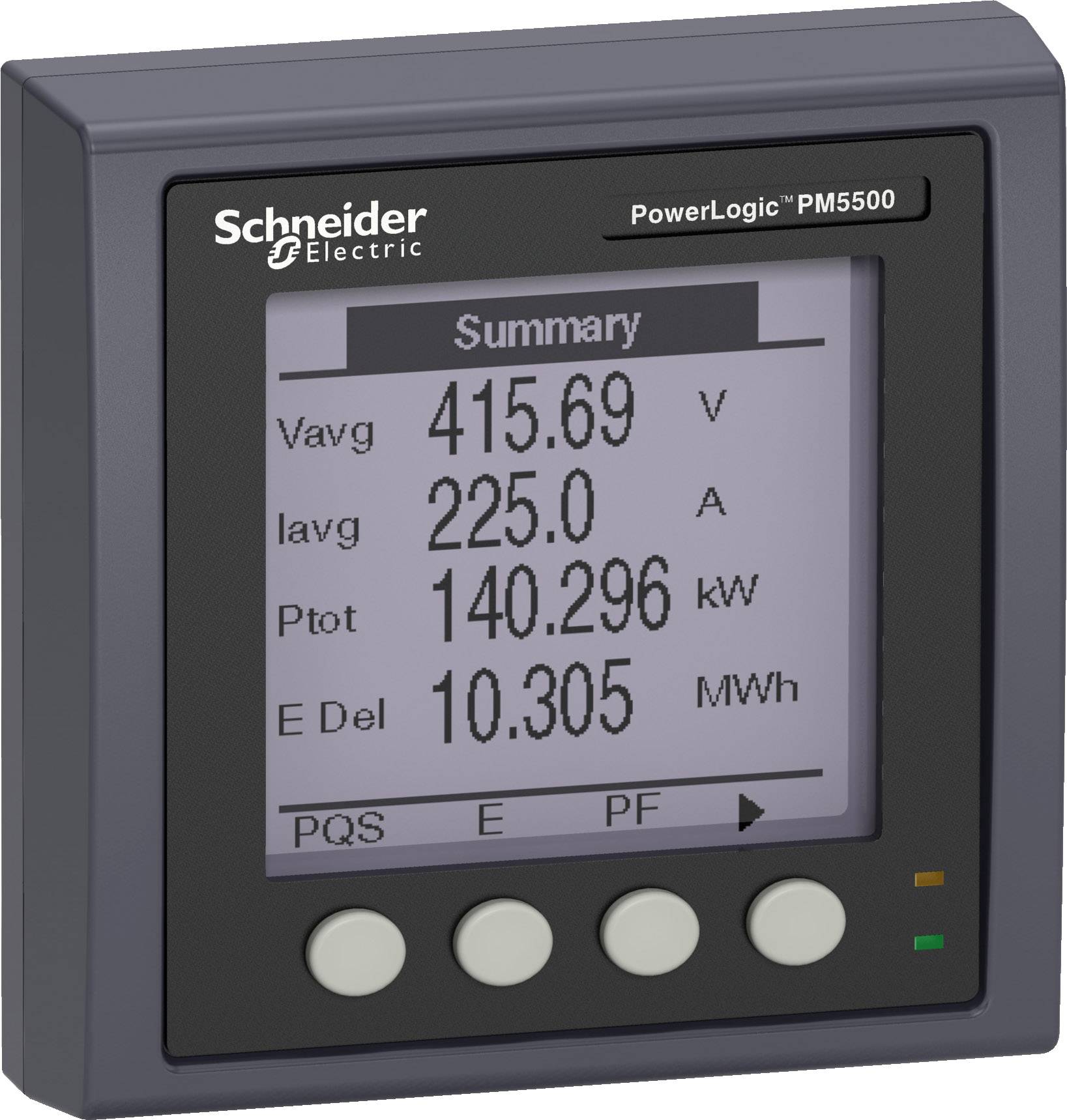 Wyświetlacz licznika energii elektrycznej z tekstem: 'Vavg 415,69 V, Iavg 225,0 A, Ptot 140,296 kW, E Del 10,305 MWh' firmy Schneider Electric.