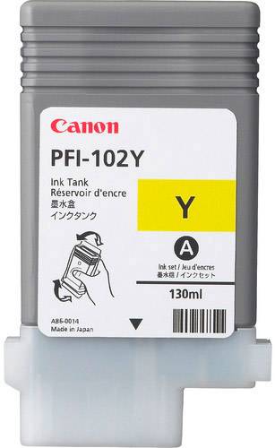 Szara wkładka atramentowa w kolorze żółtym z etykietą, na której widnieje napis 'PFI-102Y', 'Y' oraz '130ml', produkcji Canon, przeznaczona do drukarek.