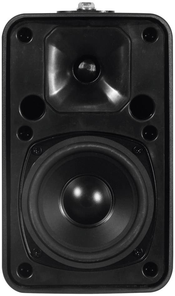 Czarny głośnik z dużym głośnikiem niskotonowym na dole i małym głośnikiem wysokotonowym na górze, umieszczony w prostokątnej obudowie.