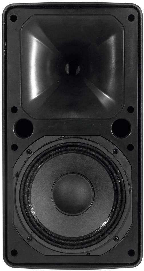 Czarny głośnik z dużym głośnikiem niskotonowym na dole i mniejszym głośnikiem wysokotonowym na górze.