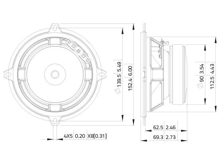 Rysunek techniczny głośnika z widokiem z przodu i boku. Wysokość: 152,4 mm, szerokość: 139,5 mm, głębokość: 112,5 mm. Wymiary w milimetrach i calach.