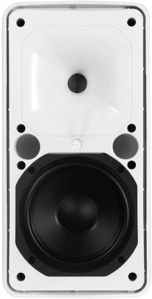 Czarno-biała kolumna głośnikowa z dwoma głośnikami okrągłymi i kwadratowym tubowym przetwornikiem w górnej części.