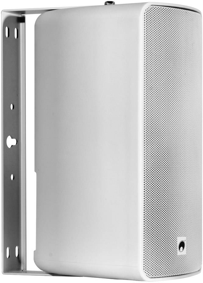 Biały, prostokątny głośnik zamontowany na ścianie, z metalową siatką maskującą i widocznym mocowaniem z boku.