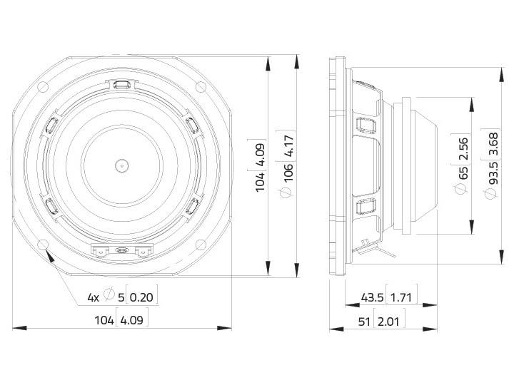 Rysunek techniczny głośnika z wymiarami: szerokość 104 mm, głębokość 51 mm, wysokość 65 mm. Sześć otworów oznaczonych.