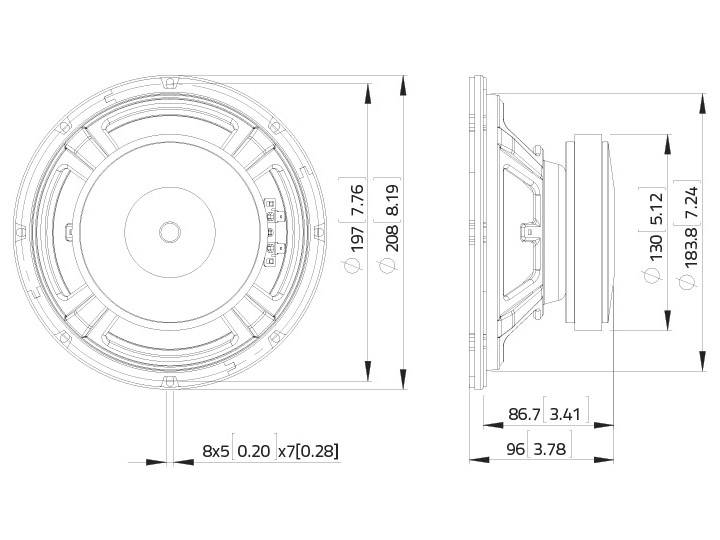 Rysunek techniczny okrągłego głośnika z widokiem z boku, przedstawiający wymiary i otwory montażowe.