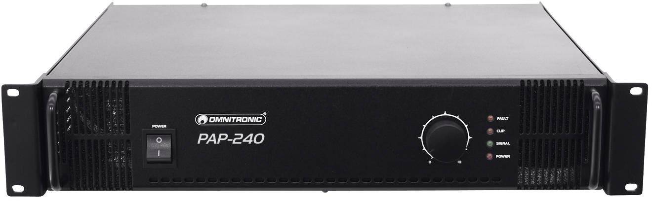 Czarny wzmacniacz Omnitronic PAP-240 z przełącznikami i regulatorem głośności na przedniej płycie, przeznaczony do wzmacniania dźwięku.
