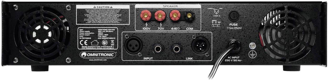 Widok z tyłu wzmacniacza z wentylatorami, złączami głośnikowymi, wejściami, kablem zasilającym i nazwą producenta 'Omnitronic'.