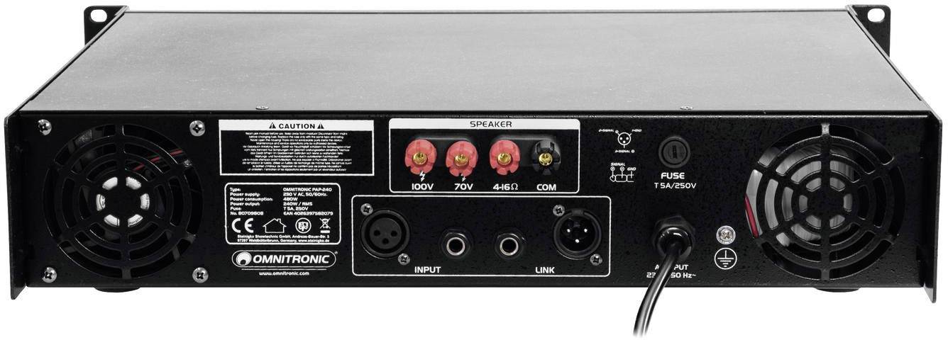 'Tylna strona systemu audio z wejściami i wyjściami: wentylator, złącza głośnikowe, wtyki wejściowe i złącze zasilania.'