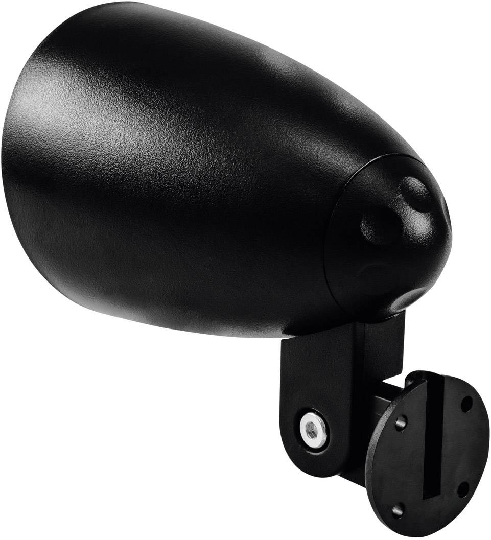 Czarny głośnik naścienny o owalnym kształcie z gładką powierzchnią, przeznaczony do stosowania wewnątrz i na zewnątrz pomieszczeń.