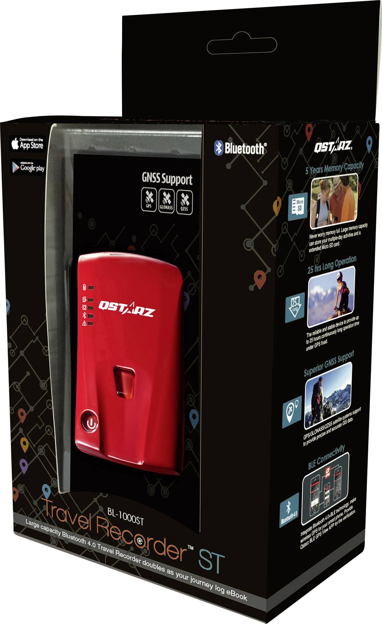 Opakowanie prezentuje czerwony GPS-tracker 'OSTARZ Travel Recorder ST' z obsługą Bluetooth i GNSS, przeznaczony do długich podróży.