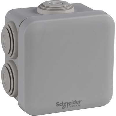 Szary, kwadratowa obudowa z tworzywa sztucznego z napisem 'Schneider Electric'. Otwory wentylacyjne po bokach.