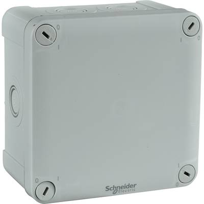 Szara puszka przyłączeniowa firmy Schneider Electric, przedstawiona z widoku przedniego z czterema śrubami w narożnikach.