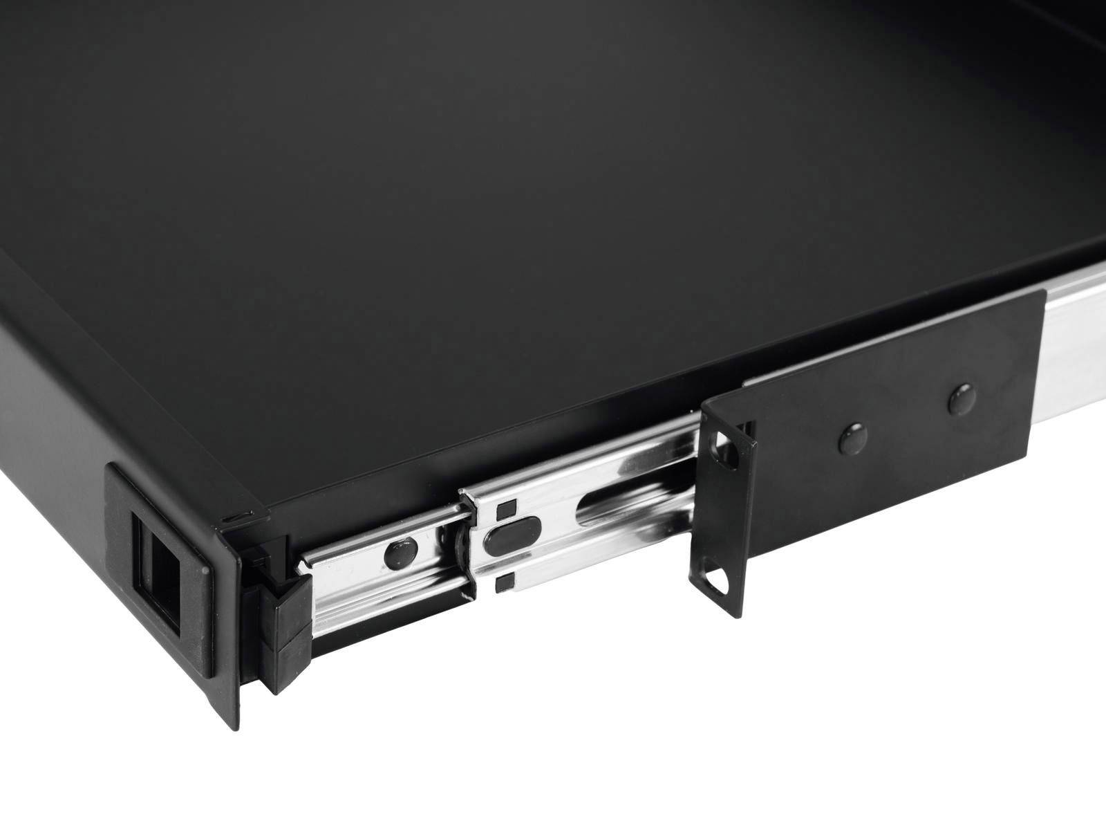 Szyna prowadząca z metalowym wysuwem i czarnym mocowaniem, prezentująca płynny mechanizm przesuwu. Odpowiednia do mebli i szafek kuchennych.