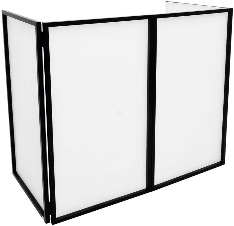 Czarny, składany stelaż w kształcie litery L z białymi panelami, prawdopodobnie zaprojektowany jako przegroda lub parawan.